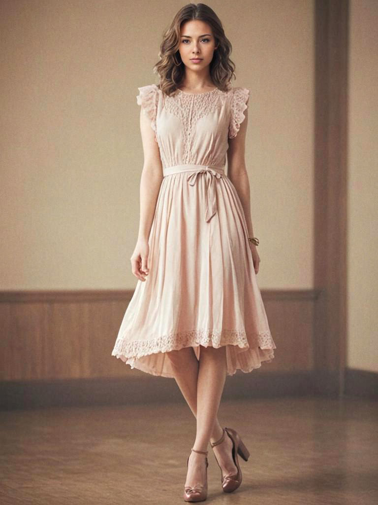 Vintage-Inspired Pink Dress with Ruffled Sleeves