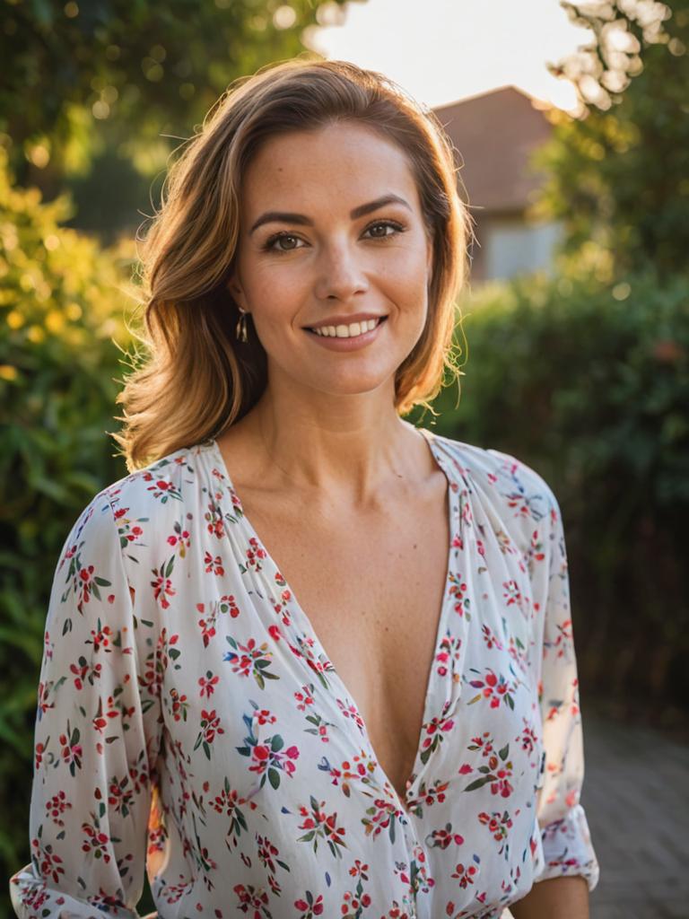 Smiling Woman in Floral Blouse Outdoors