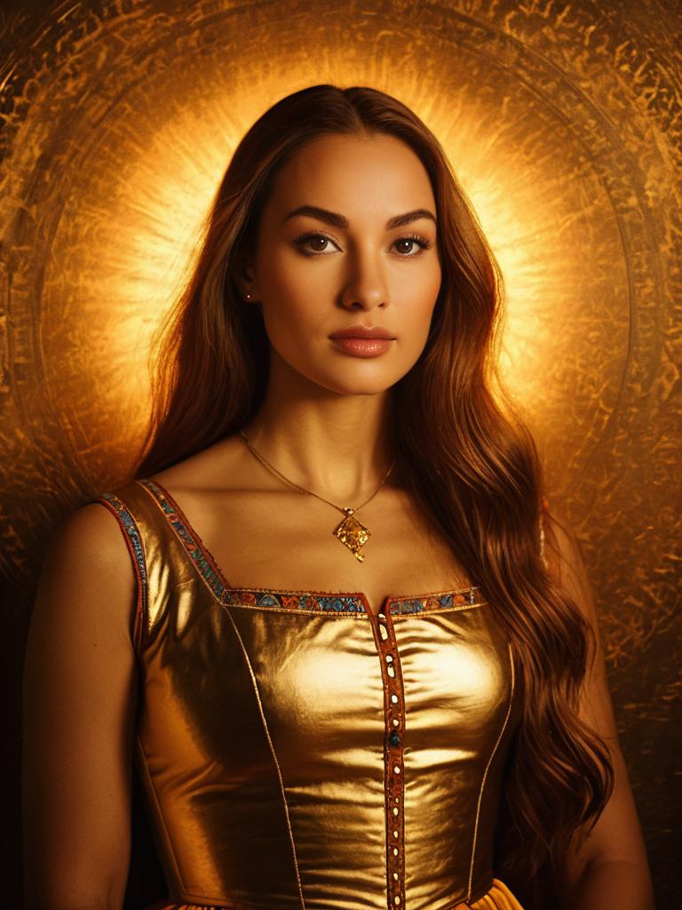 Woman Wearing Vibrant Metallic Gold Sleeveless Top with Embroidered Trim