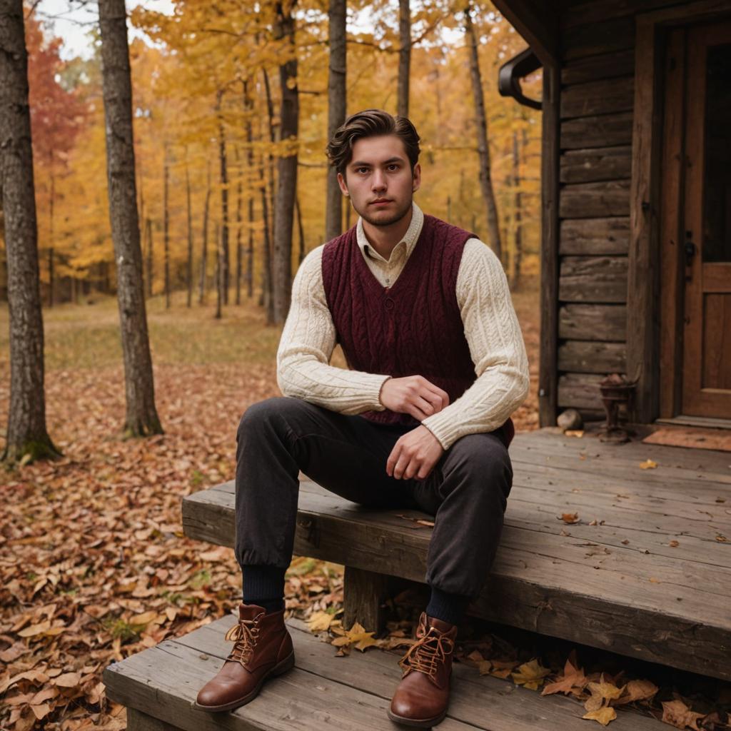 Man Reflecting on Rustic Cabin Steps in Autumn