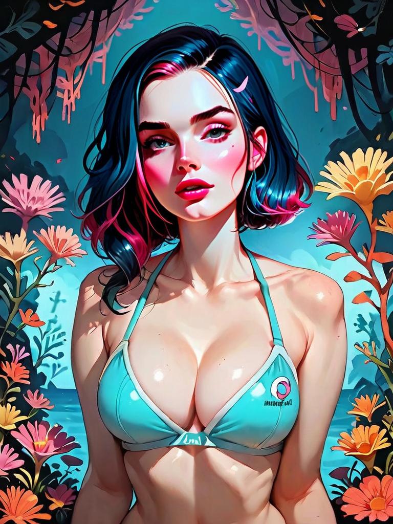 Realistic Digital Art of Woman in Sporty High Neck Quick-Dry Bikini with Floral Ocean Background