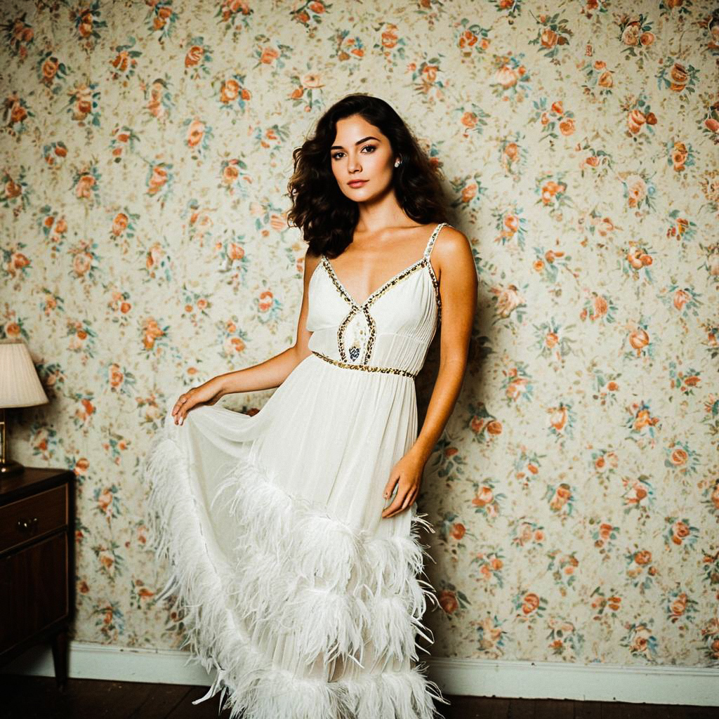 Elegant Woman in White Gown Against Vintage Floral Wallpaper