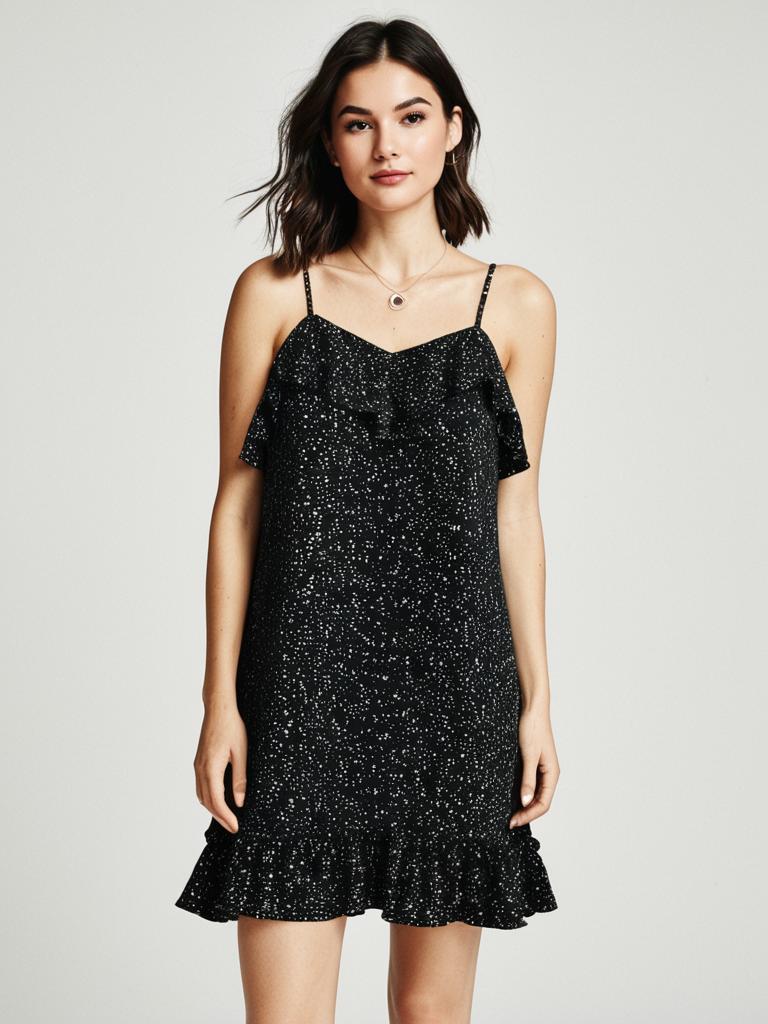 Woman in Casual Chic Black Speckled Shift Dress with Thin Straps and Ruffle