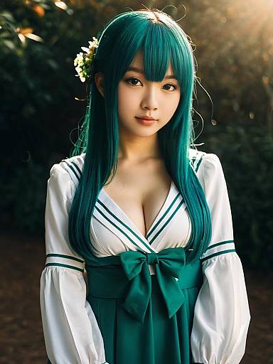 Realistic Cosplay Woman Wearing Sanae Furukawa Costume with Teal Hair