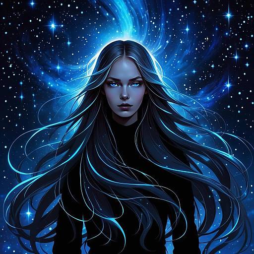 Mystical Woman with Flowing Hair in Cosmic Starry Night Digital Art