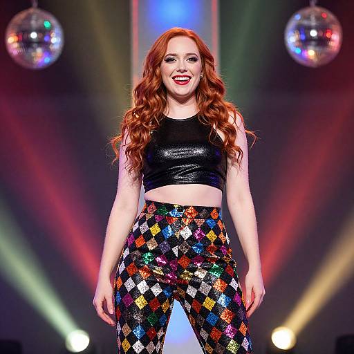 Red-haired Woman in Glitter Harlequin Pants and Black Crop Top with Disco Balls