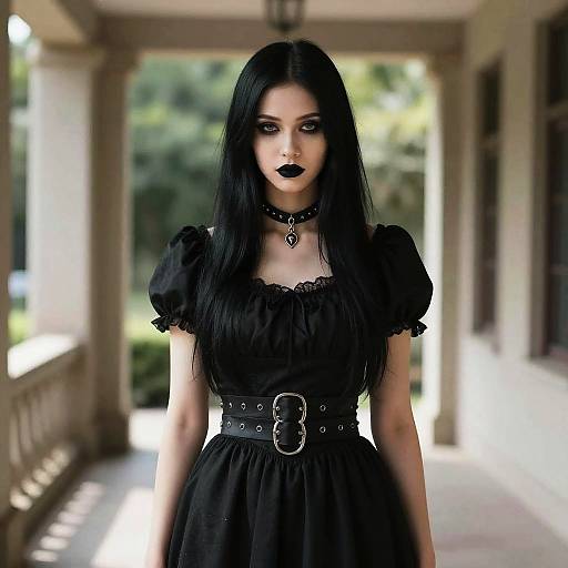 Young Woman in Gothic Style Black Dress with Dark Makeup