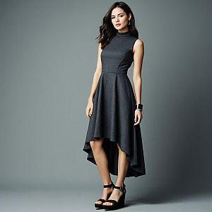 Chic Grey A-line Dress with High-Low Hem