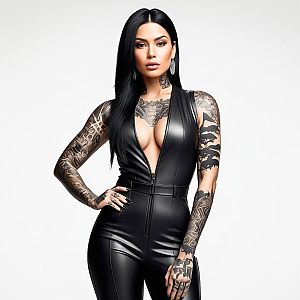 Confident Woman in Black Leather Jumpsuit
