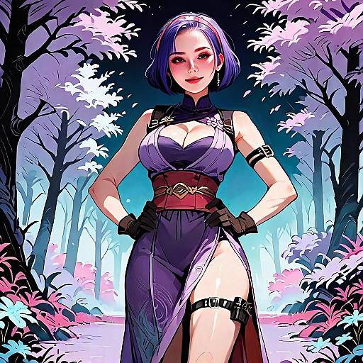 Anime Woman in Purple Dress Standing in Enchanted Forest Digital Artwork