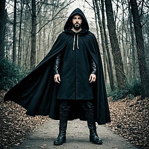 Mysterious Man in Black Cloak on Forest Pathway