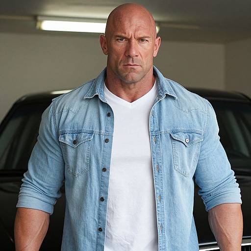 Muscular Bald Man in Denim Shirt Standing Confidently in Garage