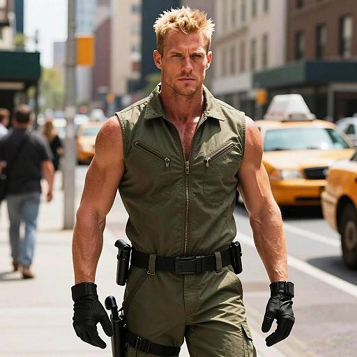 Muscular Man in Olive Military-Style Jumpsuit Walking Downtown