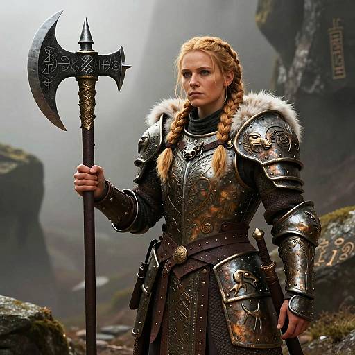Woman Warrior in Ornate Medieval Armor with Rune Battle Axe