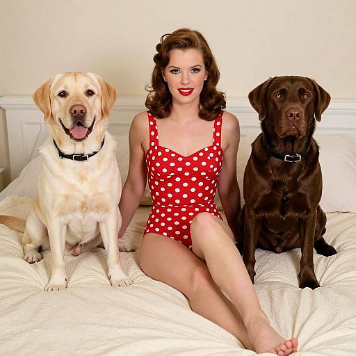 Woman in Red Polka Dot Swimsuit with Yellow and Chocolate Labrador Retrievers on Bed