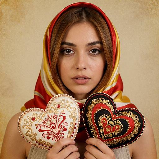 Portrait of Woman with Embroidered Heart Cushions and Colorful Headscarf
