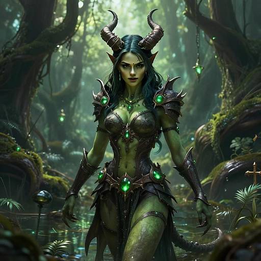 Fantasy Green-Skinned Horned Warrior Woman in Enchanted Forest Armor
