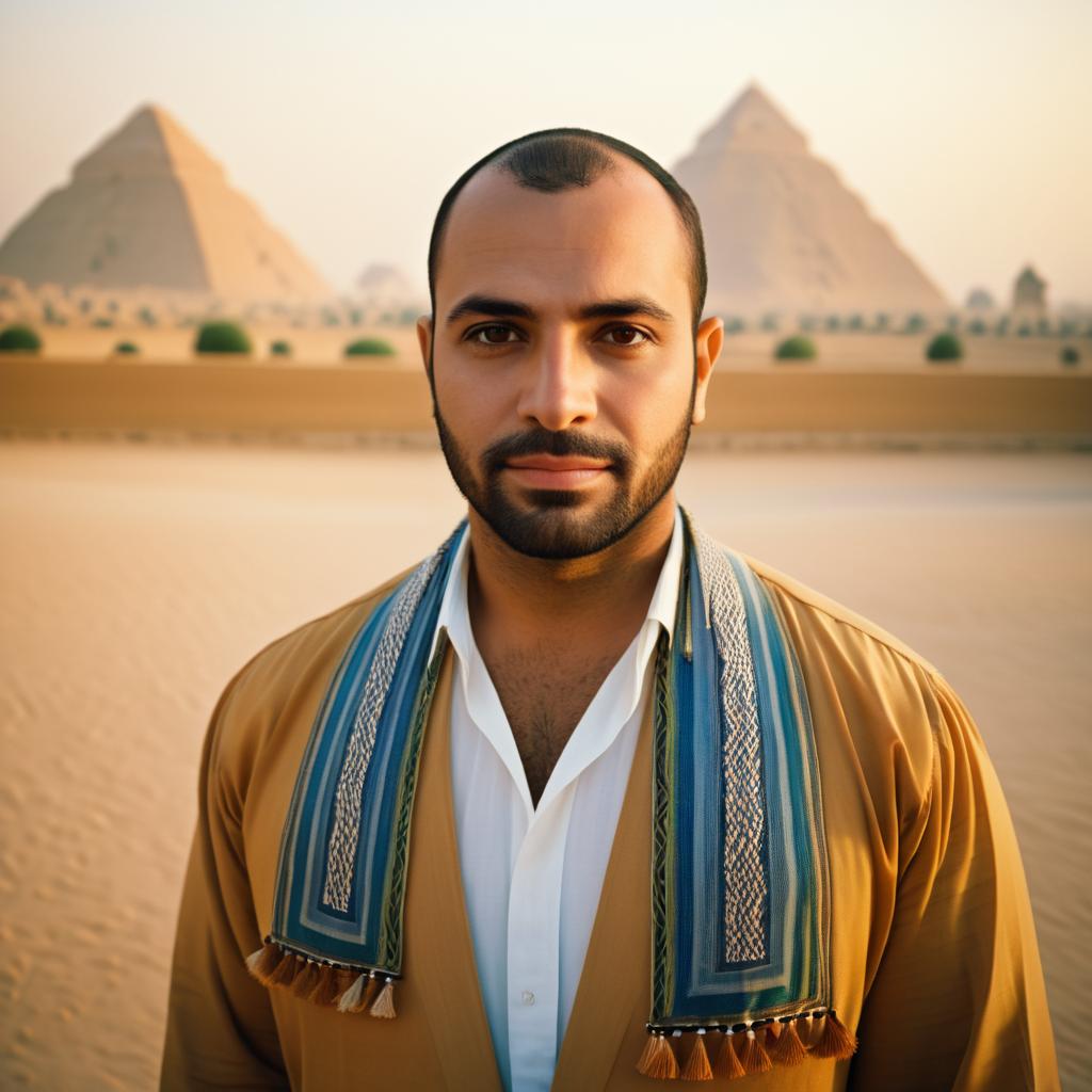 Confident Man in Traditional Outfit at Pyramids of Giza