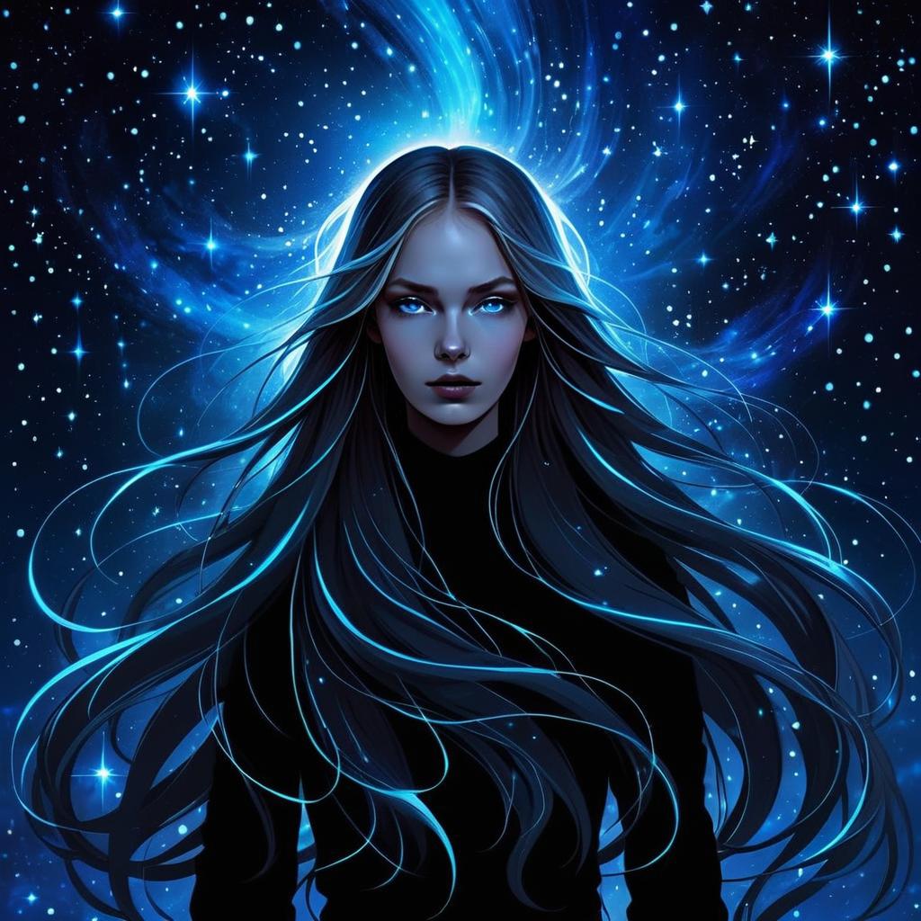 Mystical Woman with Flowing Hair in Cosmic Starry Night Digital Art