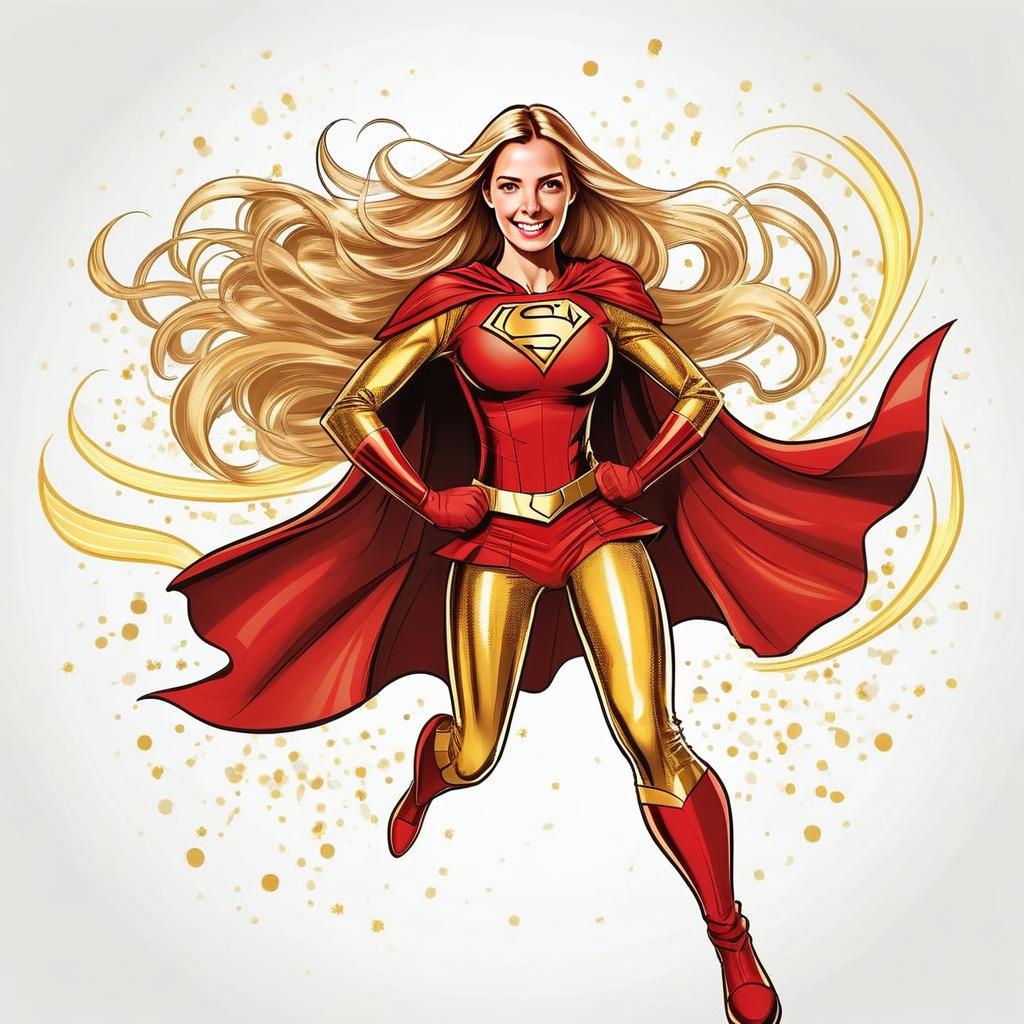 Confident Woman Superhero in Red and Gold Costume Digital Artwork