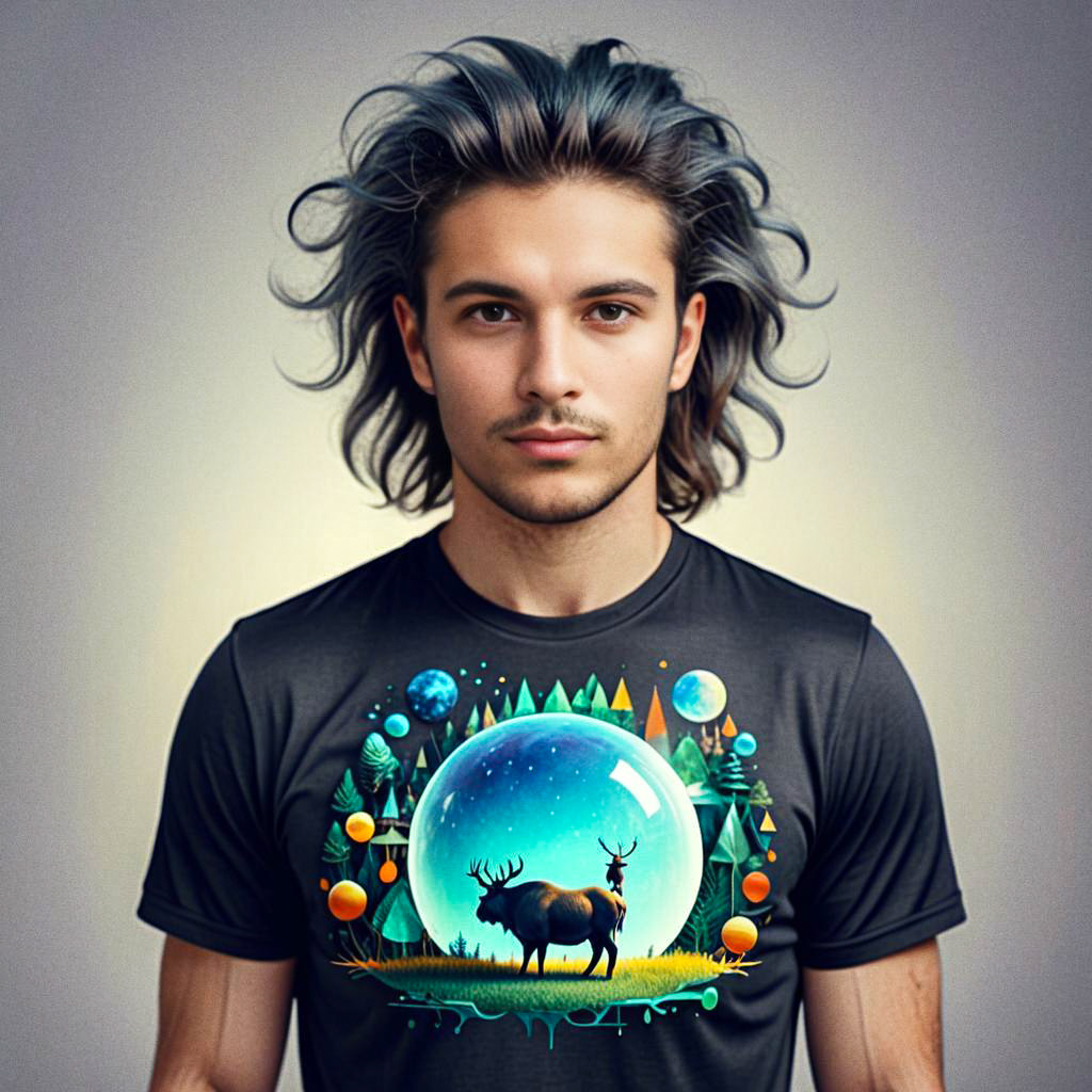 Young Man in Artistic Snow Globe T-Shirt