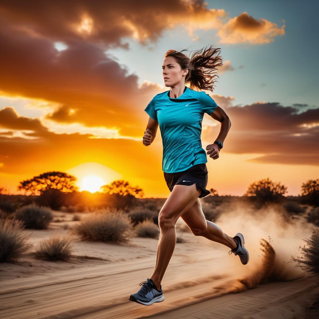 Woman Running in Desert at Sunset Woman Running in Desert at Sunset
