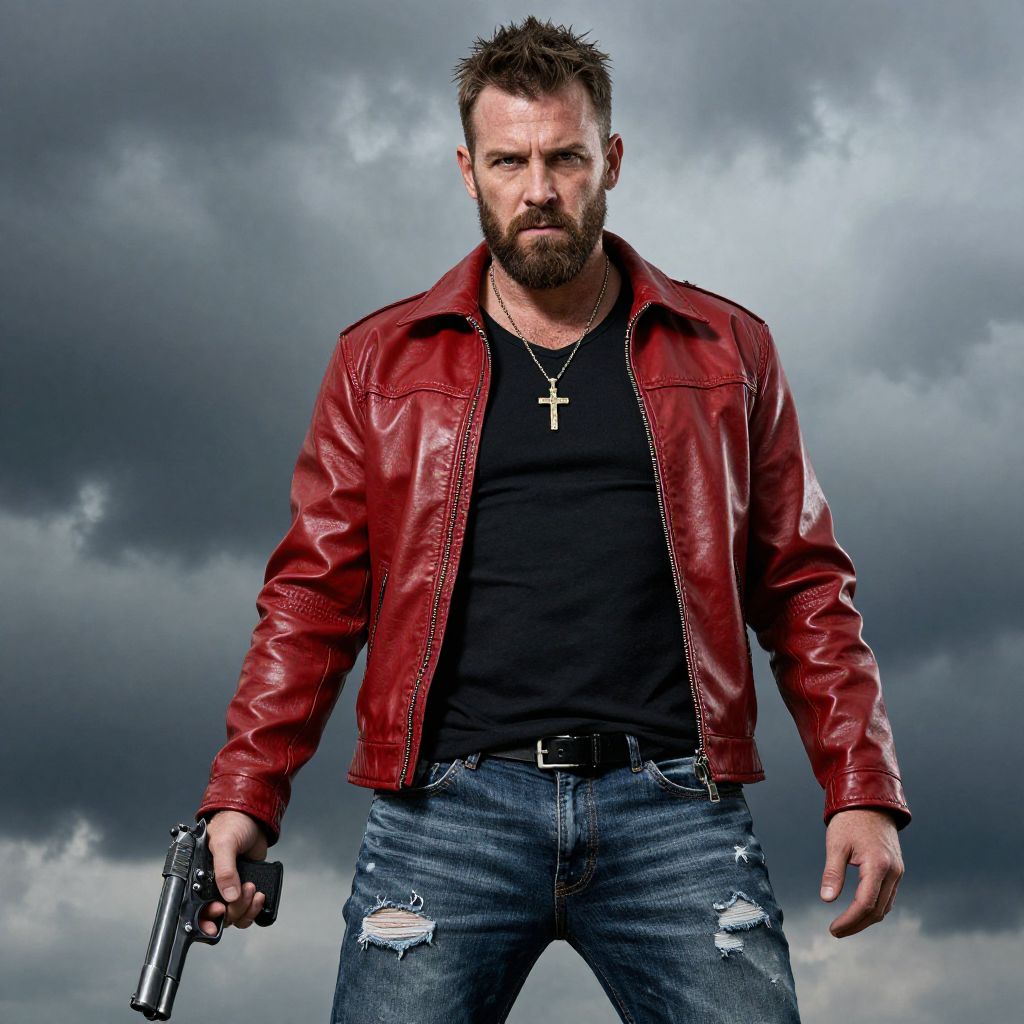 Man in Red Leather Jacket Holding Gun with Stormy Sky Background