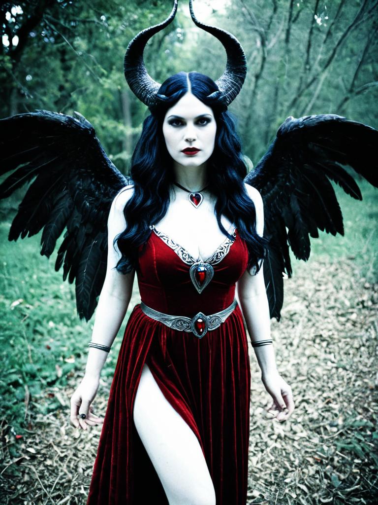 Dark Lilith Goddess Costume with Black Wings and Horns in Forest