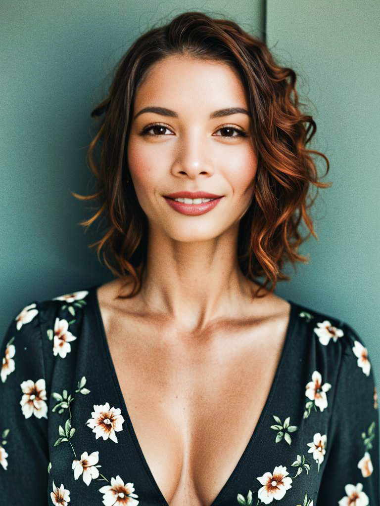 Woman with Wavy Hair in Floral Dress