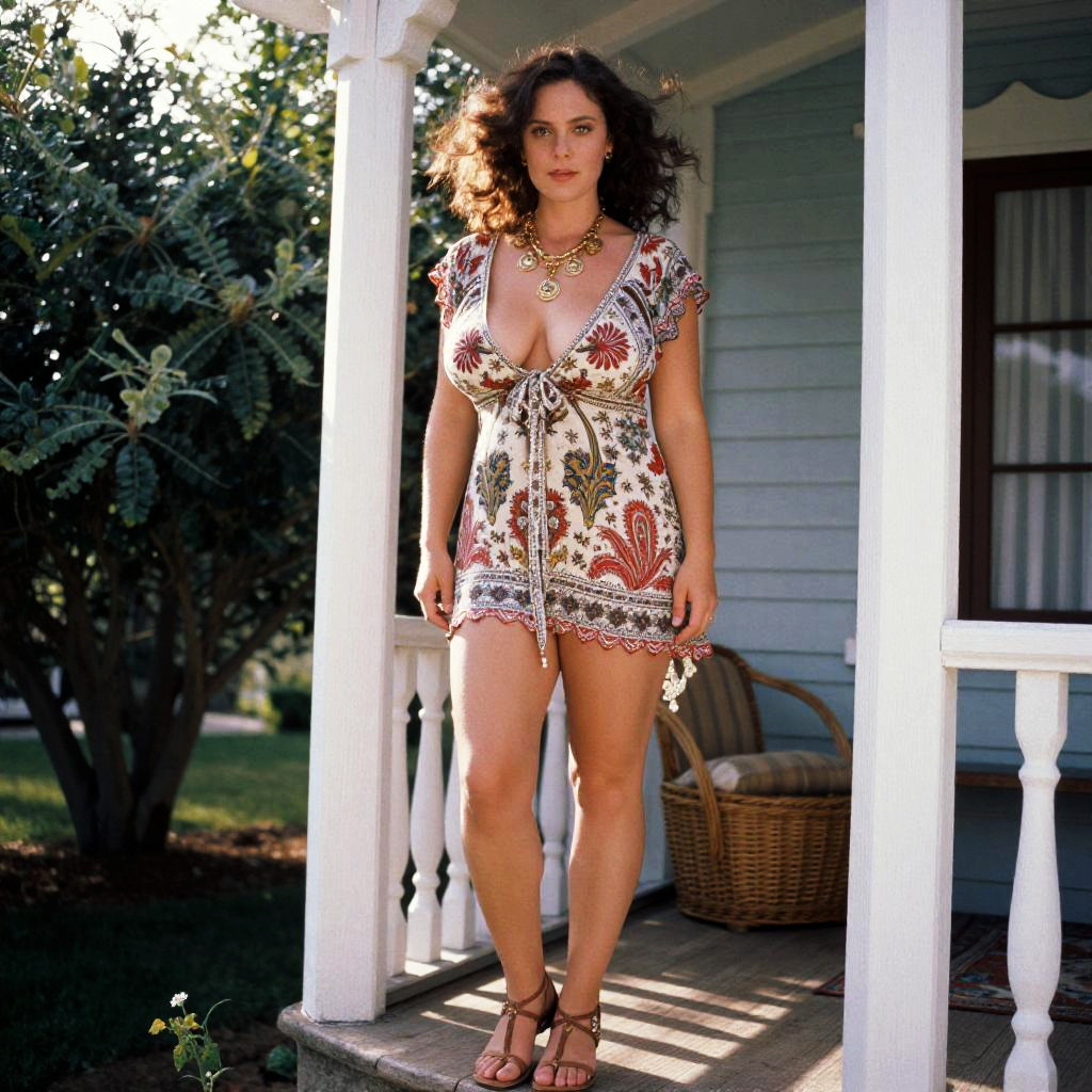 Bohemian Summer Dress with Red Paisley Print on Stocky Woman