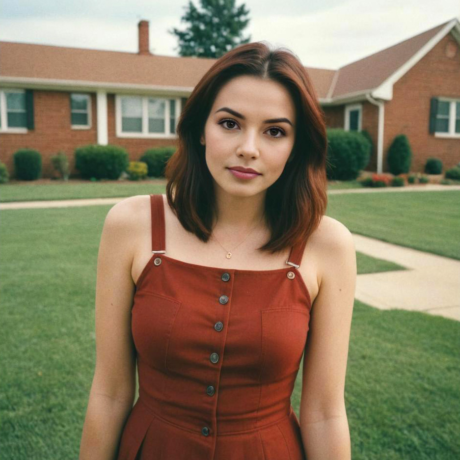 Confident Woman in Rust Dress in Suburban Setting