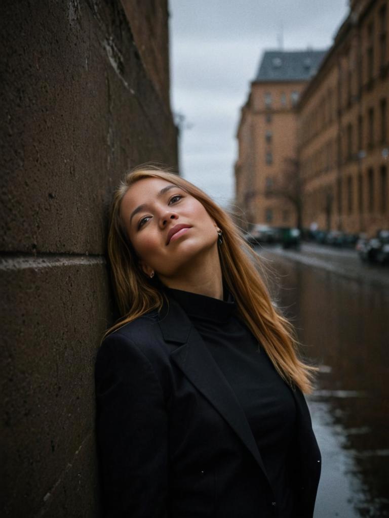 Stylish Young Woman in Rainy Urban Setting