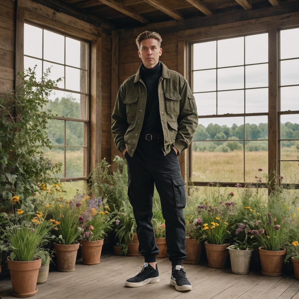 Confident Man in Rustic Room with Countryside View