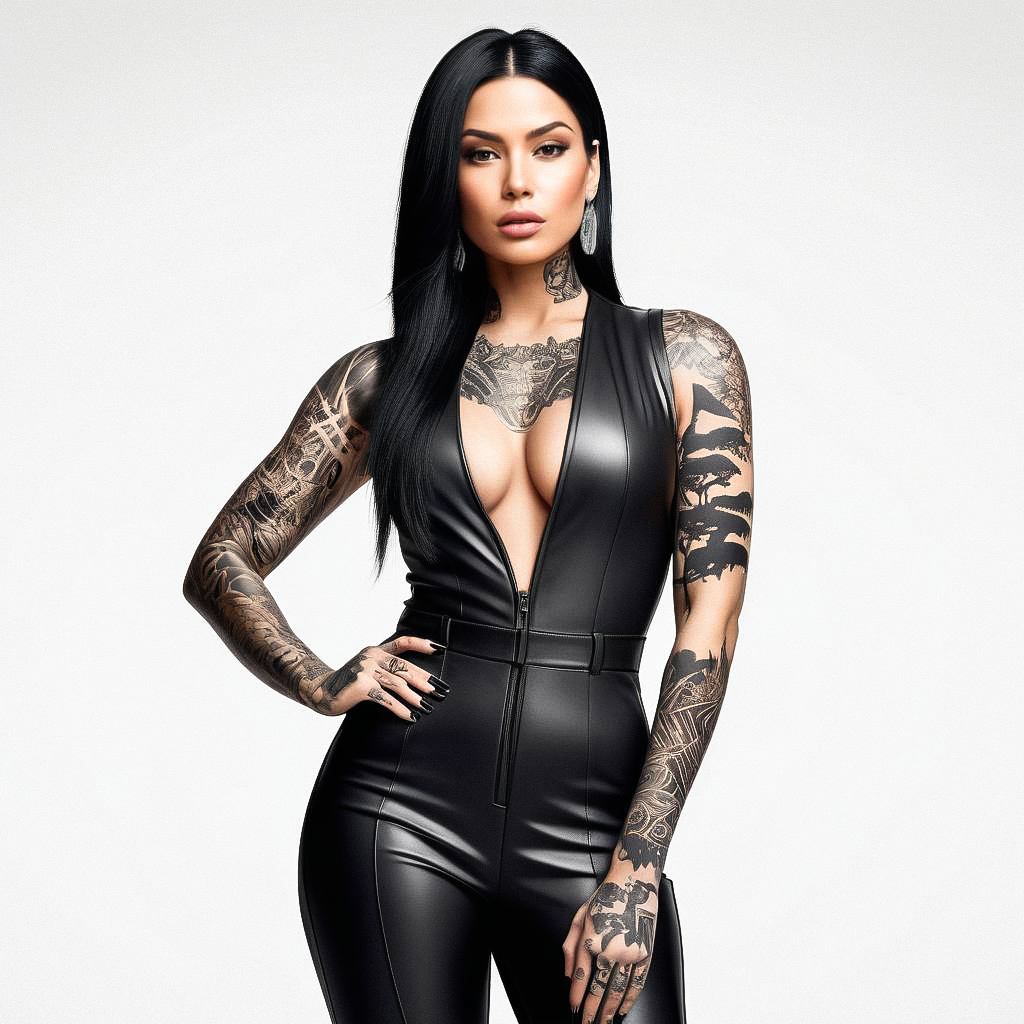 Confident Woman in Black Leather Jumpsuit