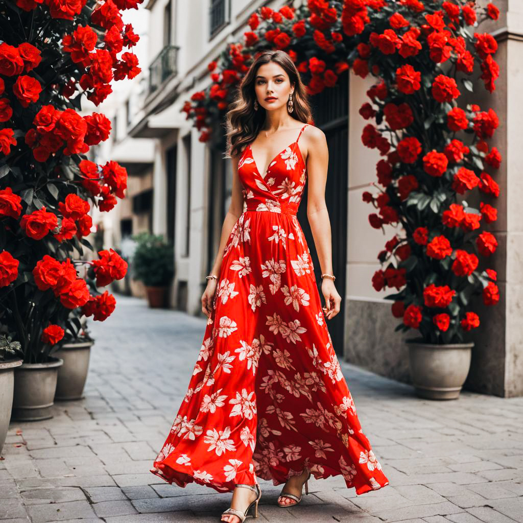 Elegant Woman in Red Floral Dress Among Roses