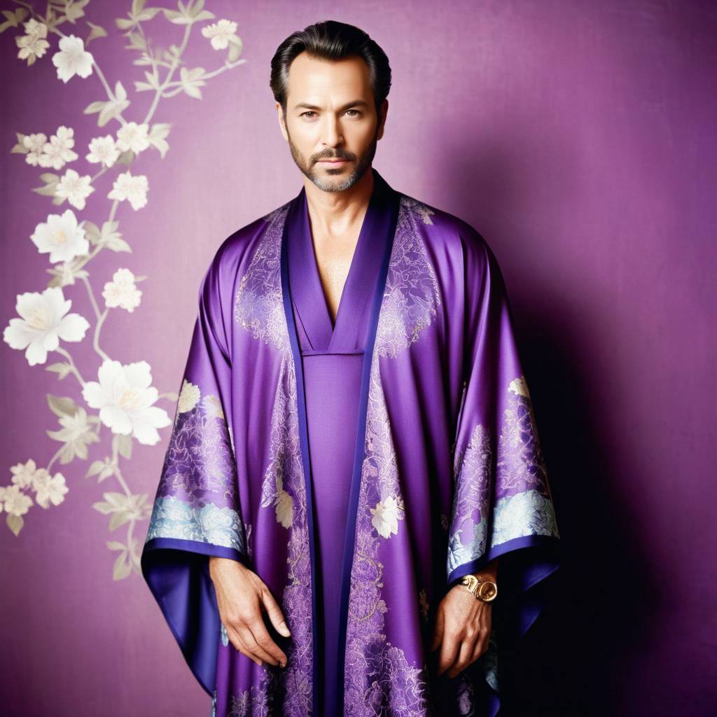 Elegant Man in Purple Kimono with Floral Patterns