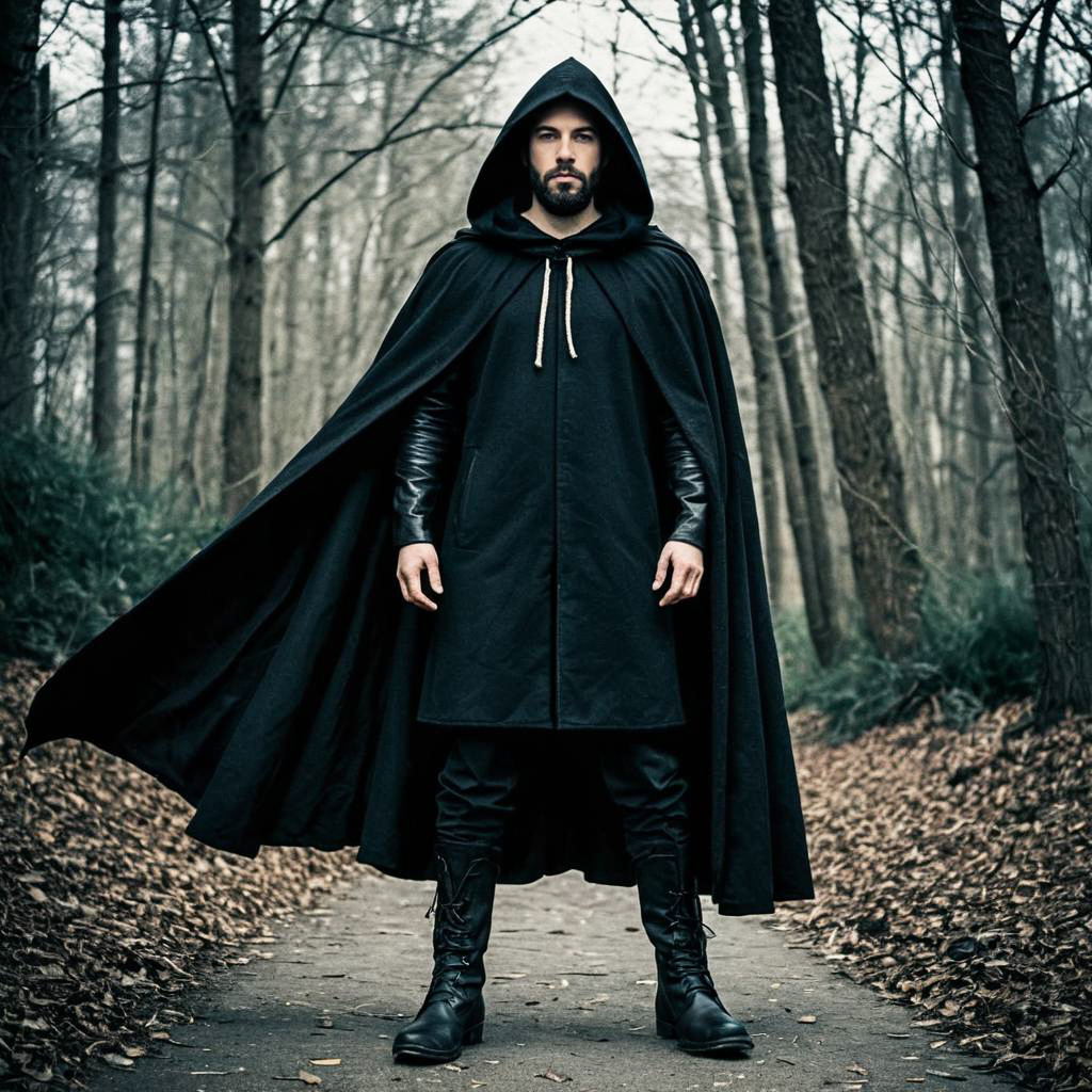 Mysterious Man in Black Cloak on Forest Pathway Mysterious Man in Black Cloak on Forest Pathway