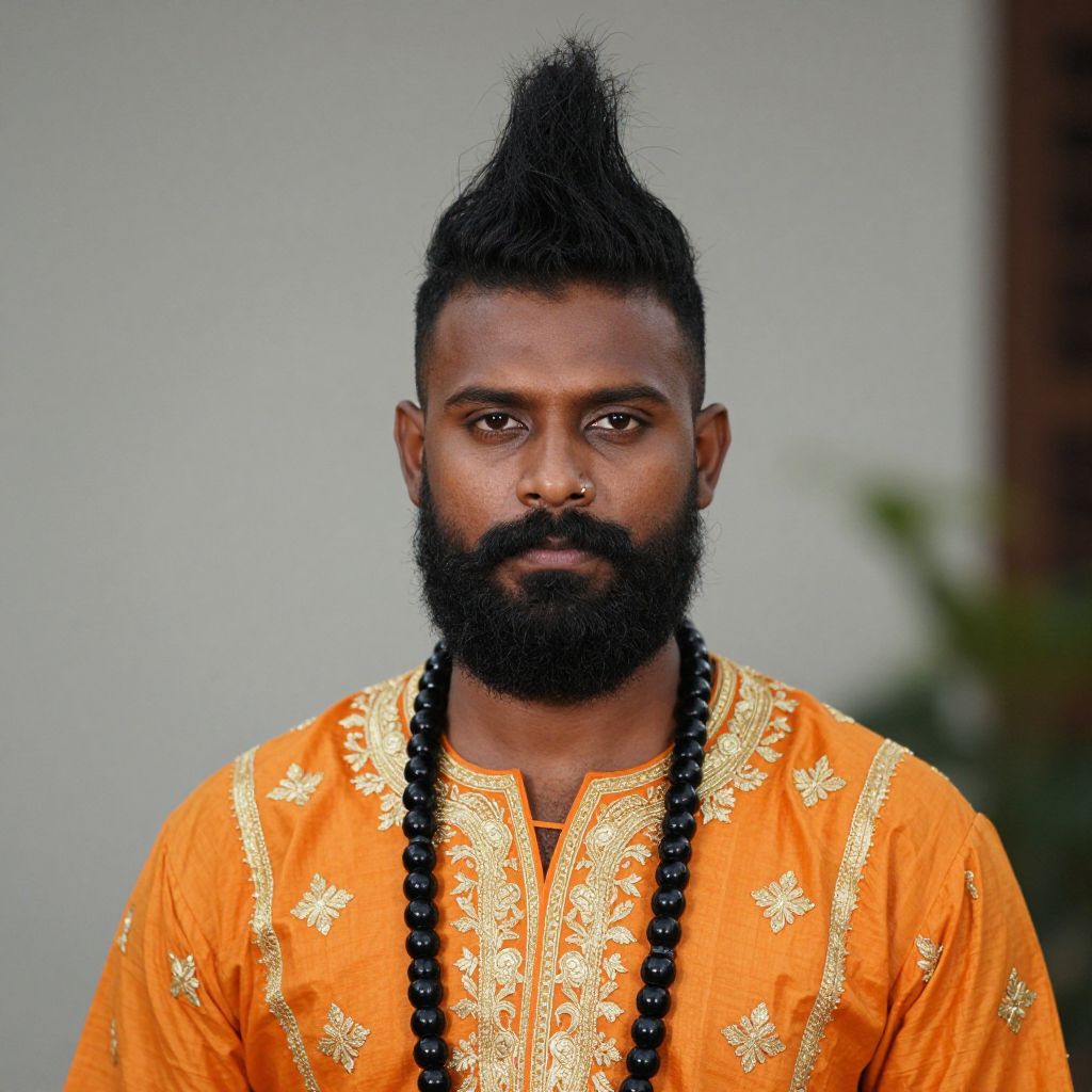 Portrait of Bearded Man in Orange Embroidered Kurta with High Mohawk Hairstyle