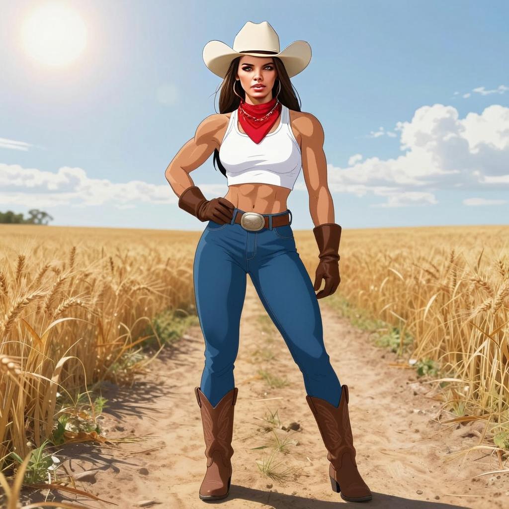 Strong Woman Cowgirl Standing in Wheat Field Digital Illustration
