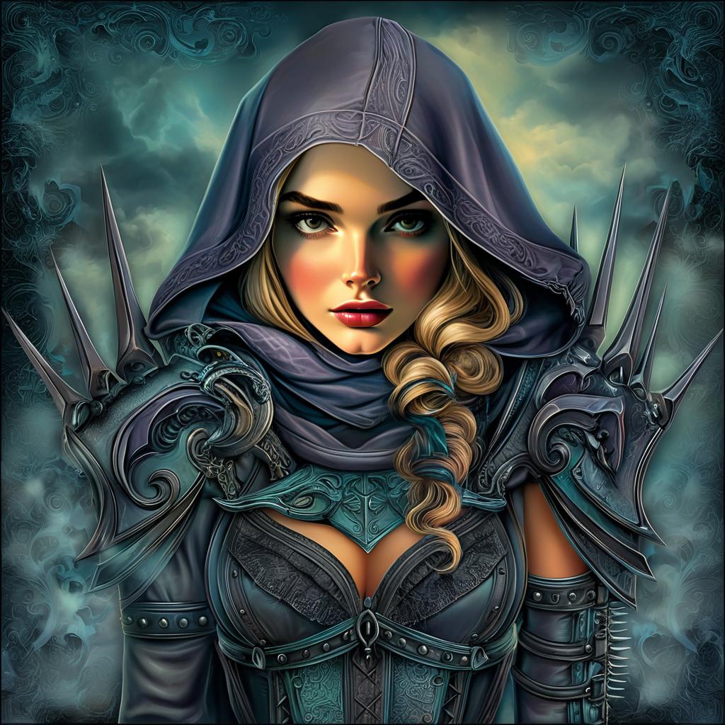 Fierce Female Warrior in Ornate Spiked Armor with Hooded Cloak Fantasy Art