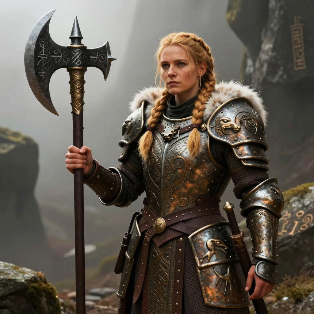 Woman Warrior in Ornate Medieval Armor with Rune Battle Axe