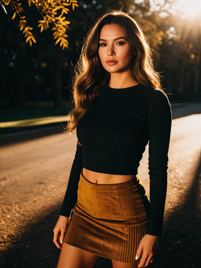 Woman in Casual Chic Black Long Sleeve Ribbed Crop Top and Brown Skirt