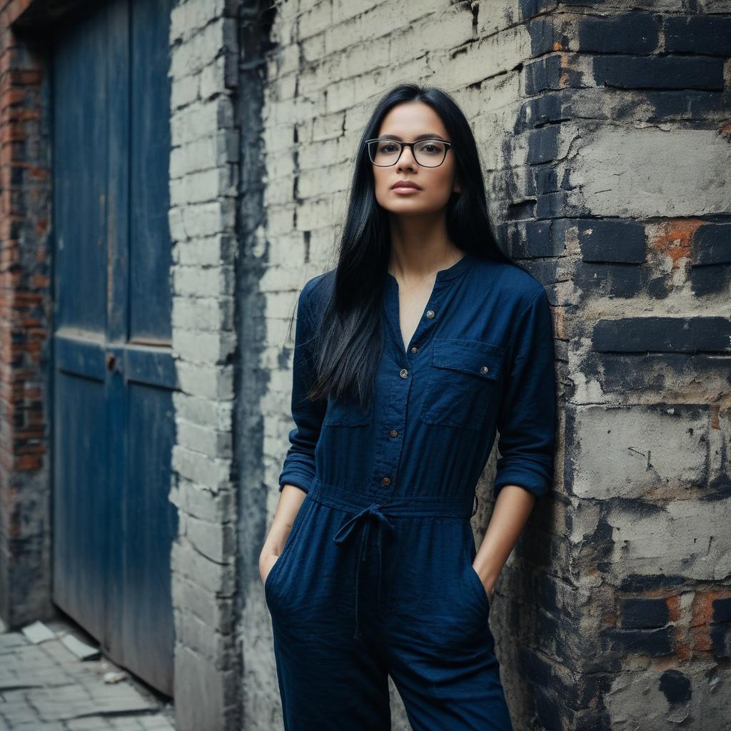 Confident Woman in Navy Blue Jumpsuit Leaning on Rustic Brick Wall
