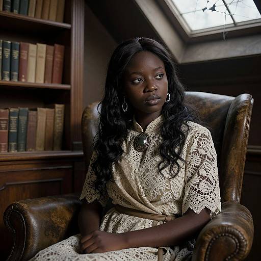 Young Woman in Vintage Lace Dress Sitting in Leather Armchair by Bookshelf
