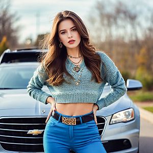 Confident Woman in Stylish Outfit by Silver Car