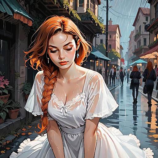 Red Haired Woman in White Dress on Rainy Urban Street Digital Art