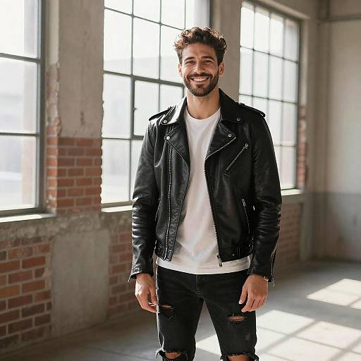 Young Man Wearing Leather Jacket and Ripped Jeans in Industrial Loft