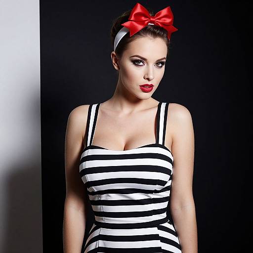 Woman in Black and White Striped Dress with Red Bow Headband
