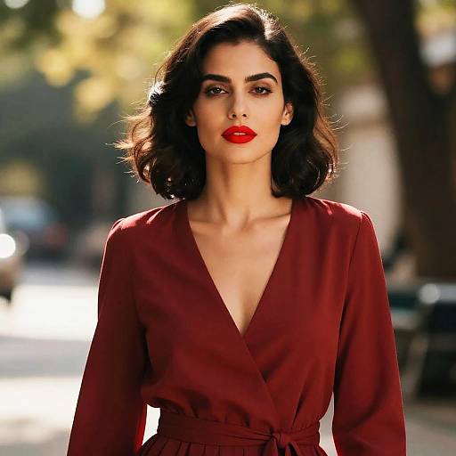 Stylish Woman in Deep Red Wrap Dress with Bold Red Lipstick Outdoor Portrait