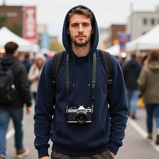 Young Man in Hoodie with Vintage Camera at Urban Street Market